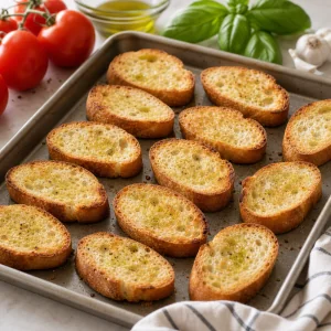 Fatias de pão douradas numa assadeira