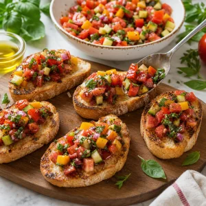 Pão tostado coberto com legumes coloridos