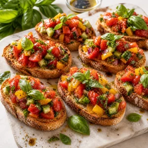 Bruschetta de legumes com manjericão fresco