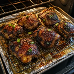 Cuisses de poulet jerk caramélisées rôties sur une grille au-dessus dune plaque aluminium
