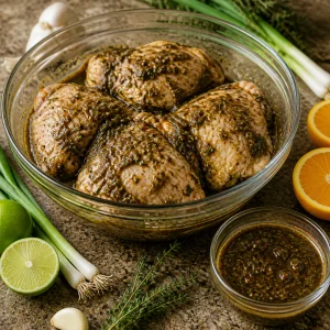 Cuisses de poulet enrobées de marinade jerk avec un petit bol de sauce réservée