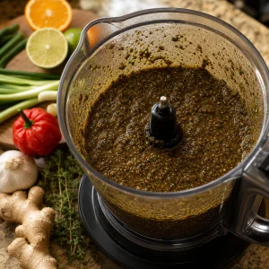 Pâte de marinade jerk foncée dans un robot avec agrumes et herbes autour