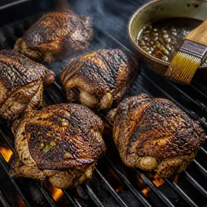 Cuisses de poulet jerk grillées avec un bol de marinade pour badigeonner