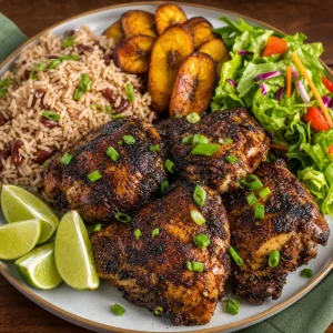 Poulet jerk servi avec quartiers de citron vert, ciboules, riz aux pois, plantains et salade