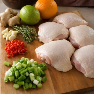 Cuisses de poulet crues avec ciboules, piment Scotch bonnet, ail, thym et agrumes