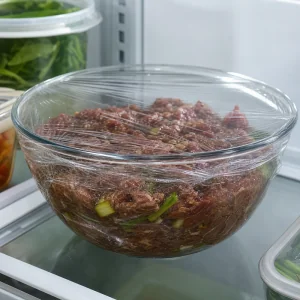 Covered marinated bulgogi beef chilling in the refrigerator