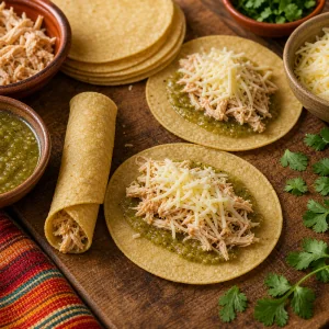 Tortillas de maiz rellenas de pollo, salsa verde y queso