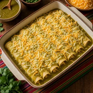 Enchiladas enrolladas cubiertas con salsa verde y queso rallado