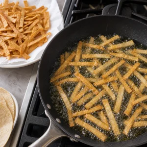 Thin tortilla strips frying in hot oil until golden and crispy