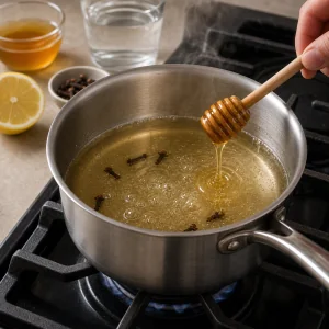 Rose syrup simmering in a saucepan with lemon and floral waters nearby.