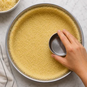 Round kunafa pan prepared with a pressed kataifi base.