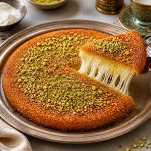 Warm cheese kunafa served with crushed pistachios and stretchy melted cheese.