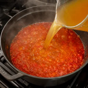 Caldo de galinha vertido no molho vermelho de jollof e levado a ferver
