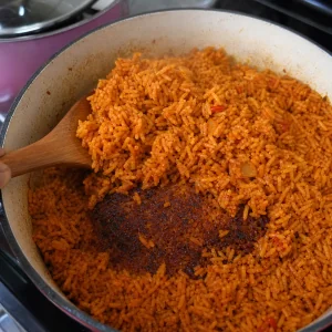 Arroz jollof pronto solto na panela com fundo levemente tostado e defumado