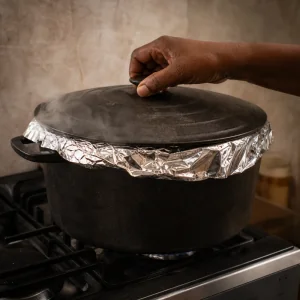 Panela de arroz jollof selada com aluminio e tapada para prender o vapor