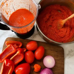 Pimentos vermelhos tomates pimenta scotch bonnet e cebola triturados e reduzidos em pasta para jollof
