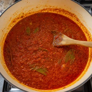 Mistura reduzida de pimentos cozinhando com caril tomilho e louro ate o oleo separar