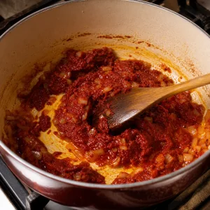 Polpa de tomate concentrada frita com cebolas macias numa panela pesada