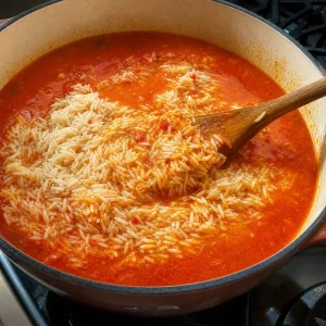 Arroz vaporizado lavado misturado no molho vermelho de jollof ate ficar revestido