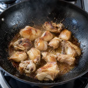 Bone-in chicken pieces frying until golden in a karahi.