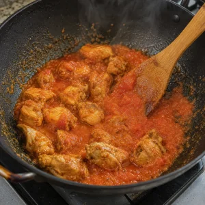 Softened tomatoes mashed into a thick red masala around the chicken.