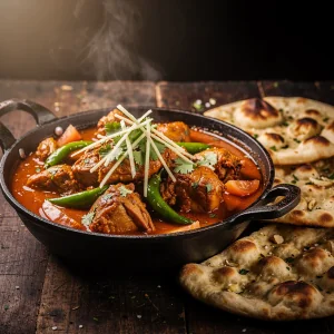 Spicy Pakistani chicken karahi served in a traditional iron wok, garnished with ginger and cilantro
