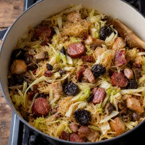 Cabbage sauerkraut mushrooms prunes and browned meats added to bigos