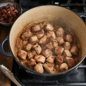 Cubed pork shoulder browning in bacon fat for bigos