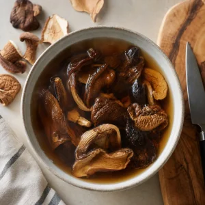 Dried wild mushrooms soaking in hot water for Polish bigos