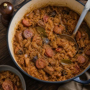 Finished bigos seasoned with black pepper before chilling and reheating