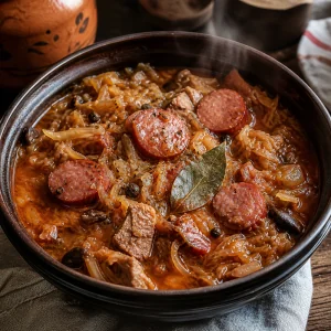 Finished Polish bigos hunter stew with smoked kielbasa pork cabbage sauerkraut and mushrooms
