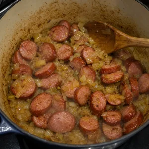 Golden onions and sliced kielbasa cooking in the stew pot