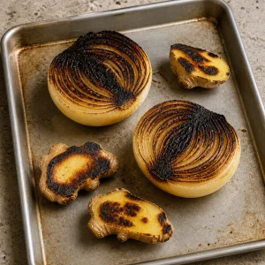Charred onion and ginger halves for beef pho broth