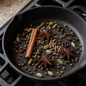 Whole pho spices toasted in a small skillet