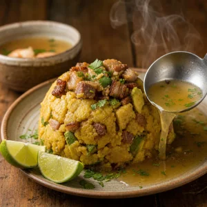 Bouillon versé à côté d'un dôme de mofongo