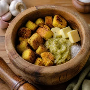 Plantains frits, pâte d'ail et beurre dans un pilon