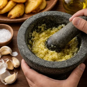 Ail et huile d'olive pilés dans un mortier