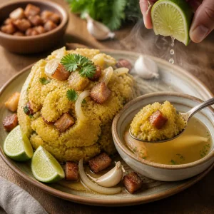 Mofongo chaud servi avec citron vert et bouillon