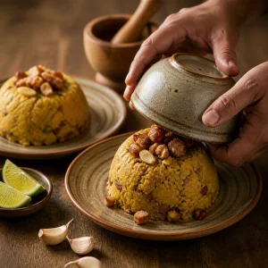 Dôme de mofongo démoulé sur une assiette