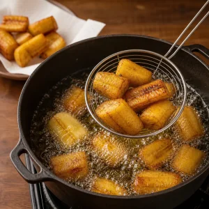 Morceaux de plantain frits dans l'huile chaude
