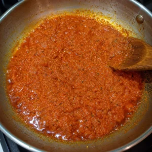 가장자리에 기름이 분리되며 끓는 걸쭉한 토마토 마살라