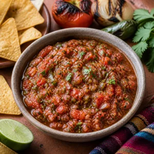 Autentyczna pieczona domowa salsa ze świeżą kolendrą