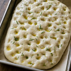 Eingedrueckter Pizza-bianca-Teig mit Olivenoel, Rosmarin und Flockensalz