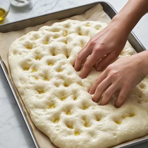 Fingerspitzen druecken tiefe Mulden in luftigen Pizza-bianca-Teig
