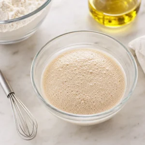 Schaeumende Hefe in warmem Wasser fuer Pizza-bianca-Teig