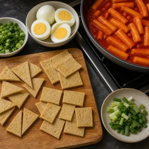 Tortini di pesce tagliati con cipollotti e uova sode pronti per il tteokbokki.
