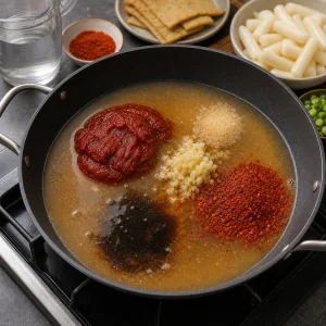 Ingredienti della salsa gochujang aggiunti al brodo in una padella bassa.