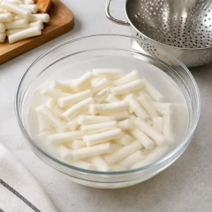 Tteok coreani in ammollo in acqua tiepida prima di essere scolati.