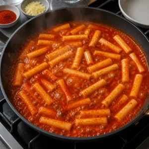 Tteok aggiunti alla salsa rossa di tteokbokki che sobbolle in padella.