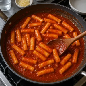 Tteok mescolati in salsa rossa densa per evitare che si attacchino.